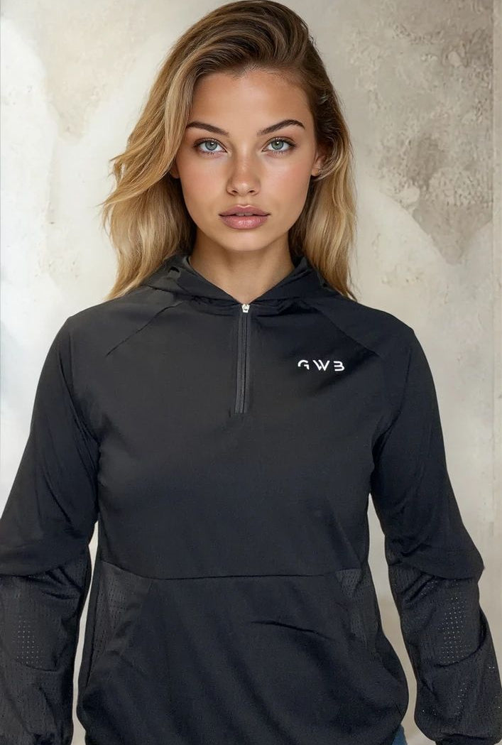 Gym Long Sleeve Zip up Hooded Top layer in Black
